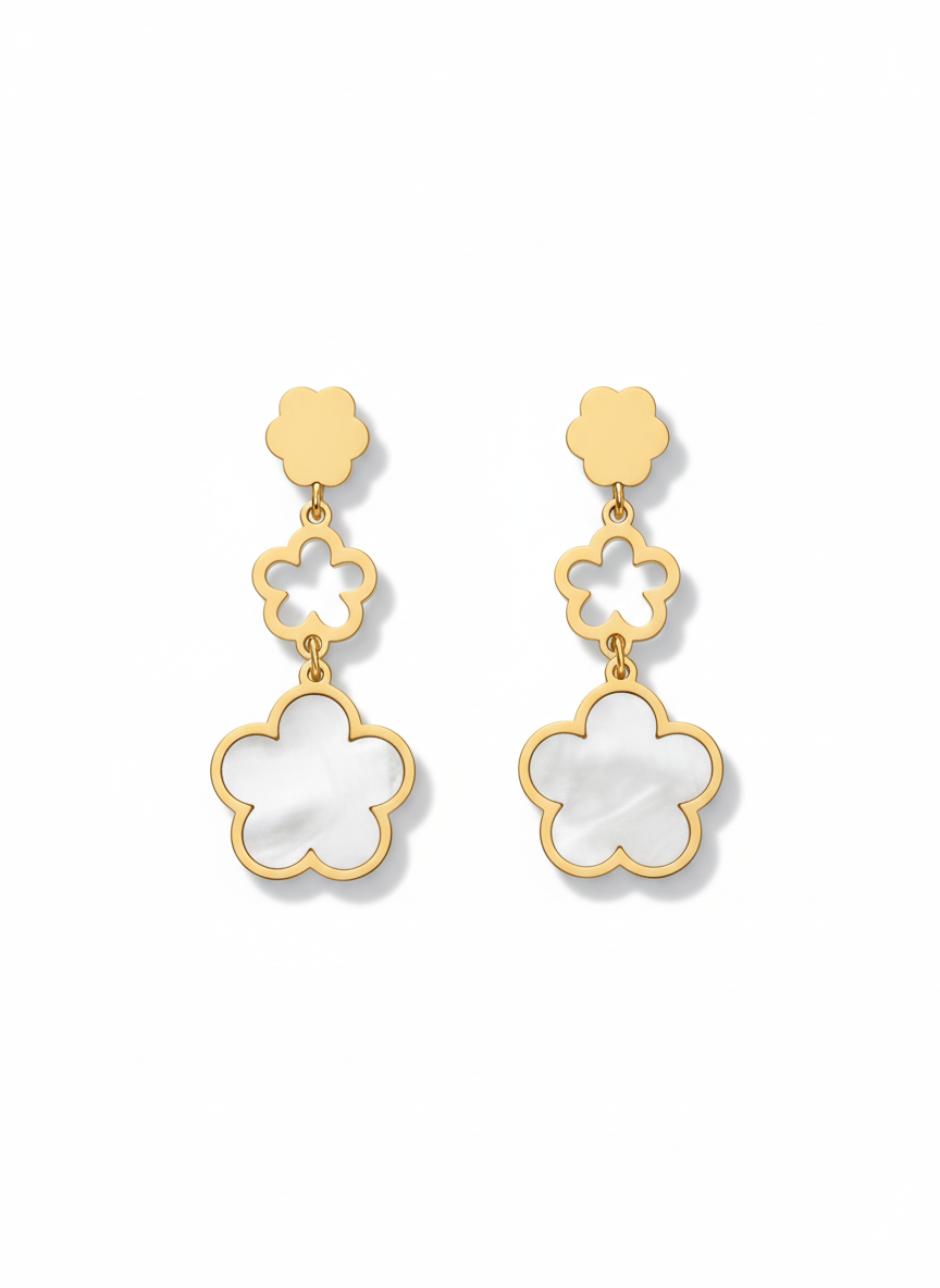 Aretes de Trebol Blanco en Acero Inoxidable Bañado en Oro