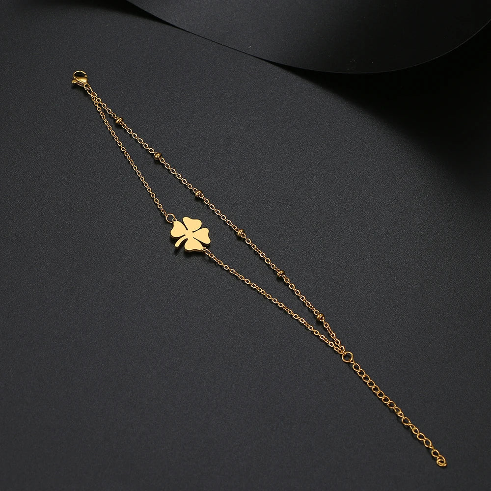 Pulsera de Doble Cadena y Trebol en Acero Inoxidable