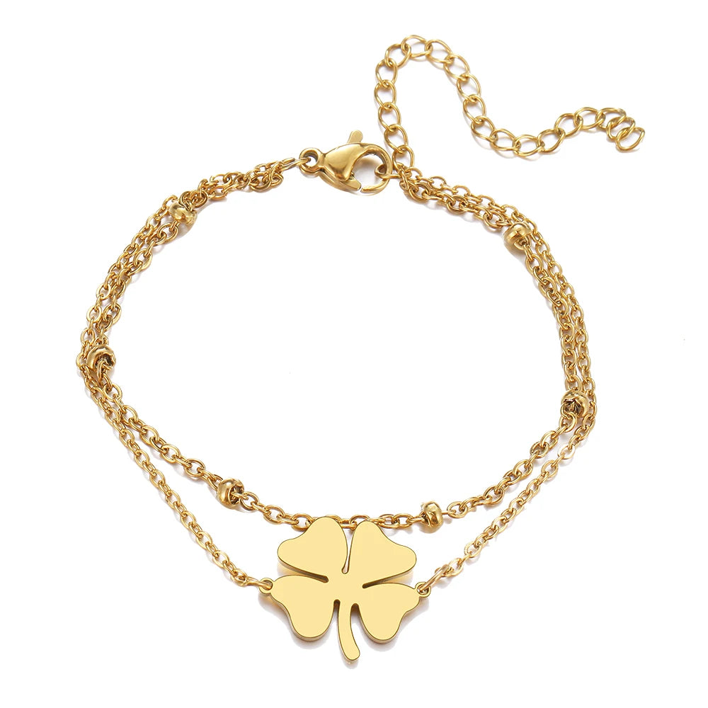 Pulsera de Doble Cadena y Trebol en Acero Inoxidable