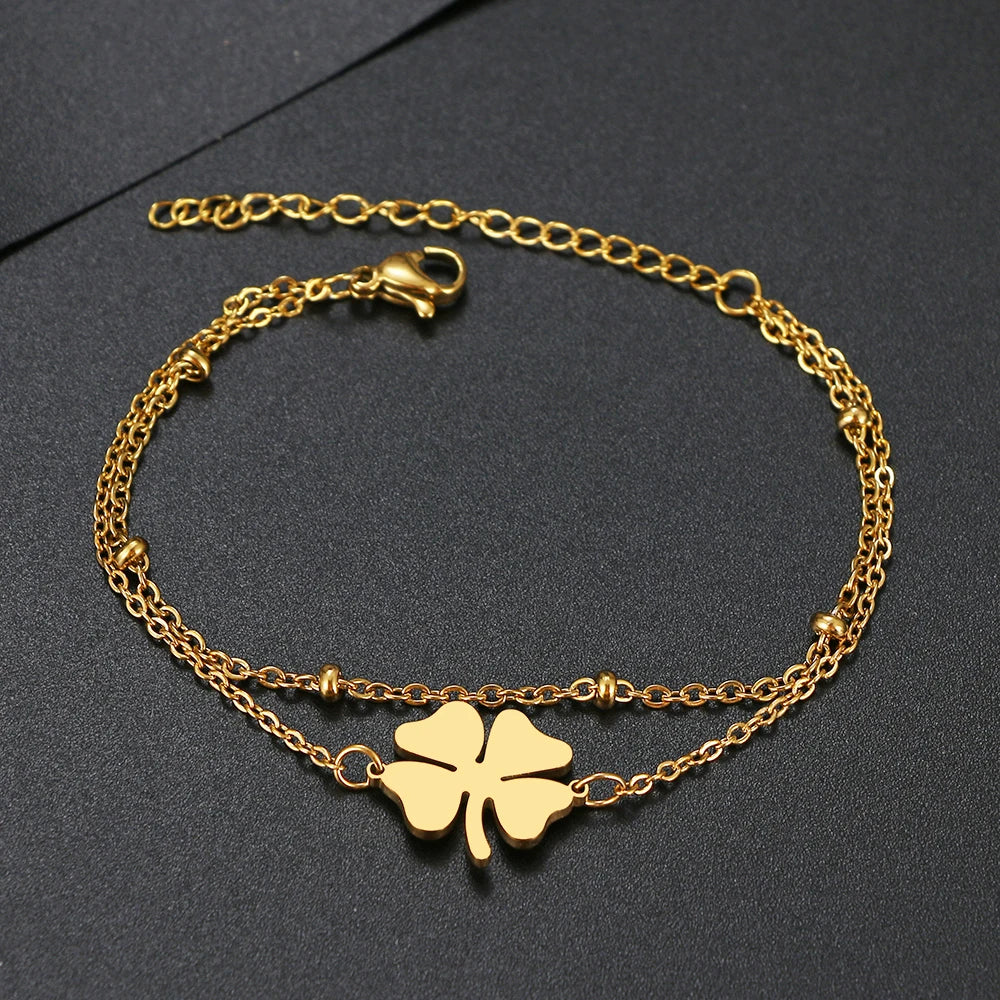 Pulsera de Doble Cadena y Trebol en Acero Inoxidable