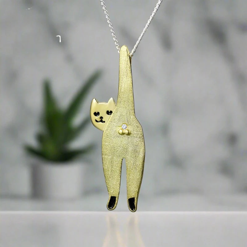 Conjunto Collar y Aretes Exclusivos de Gato en Plata de Ley 925 Enchapado en Oro