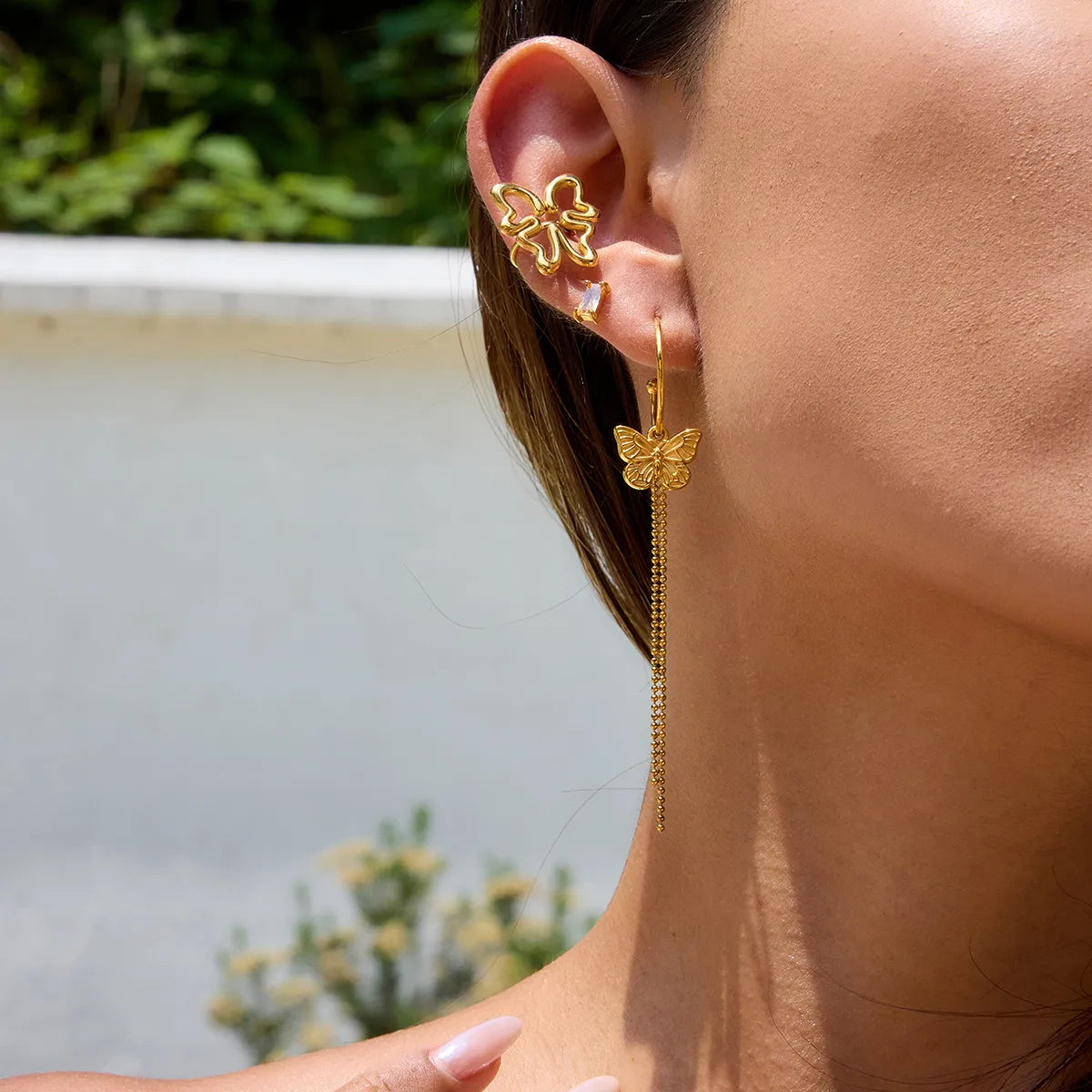 Aretes Largos Mariposa en Acero Inoxidable 316L Chapado en Oro