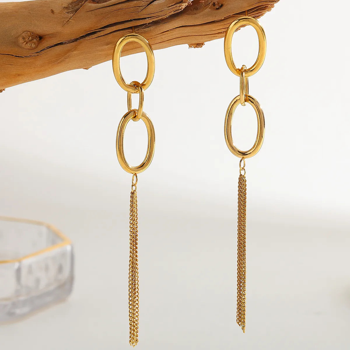 Aretes Largos Ovales Minimalistas en Acero Inoxidable Chapado en Oro