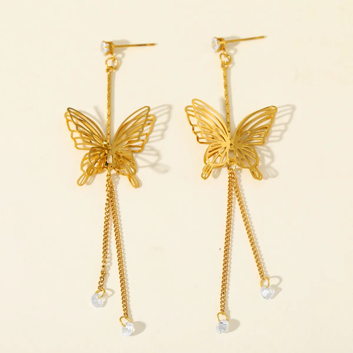 Aretes Largos Mariposa en Acero Inoxidable Chapado en Oro