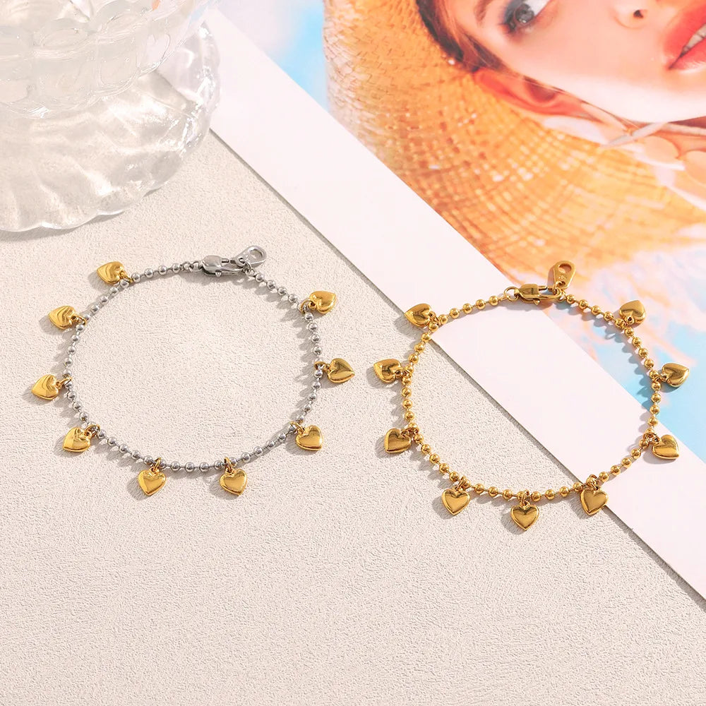 Pulseras de Borlas y Corazones en Acero Inoxidable Chapado en Oro