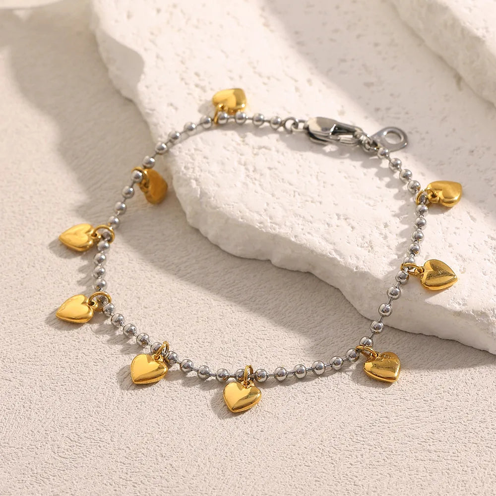 Pulseras de Borlas y Corazones en Acero Inoxidable Chapado en Oro