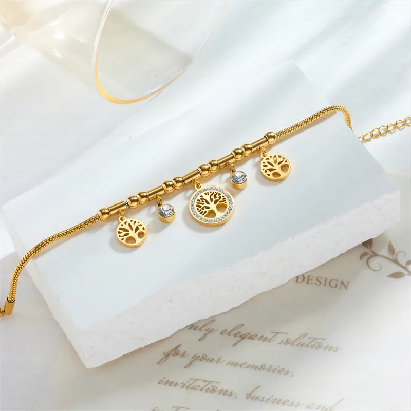 Pulsera Árbol Retro en Acero Inoxidable Chapado en Oro
