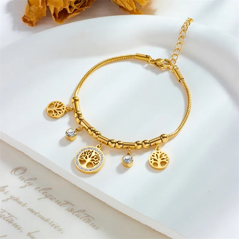 Pulsera Árbol Retro en Acero Inoxidable Chapado en Oro