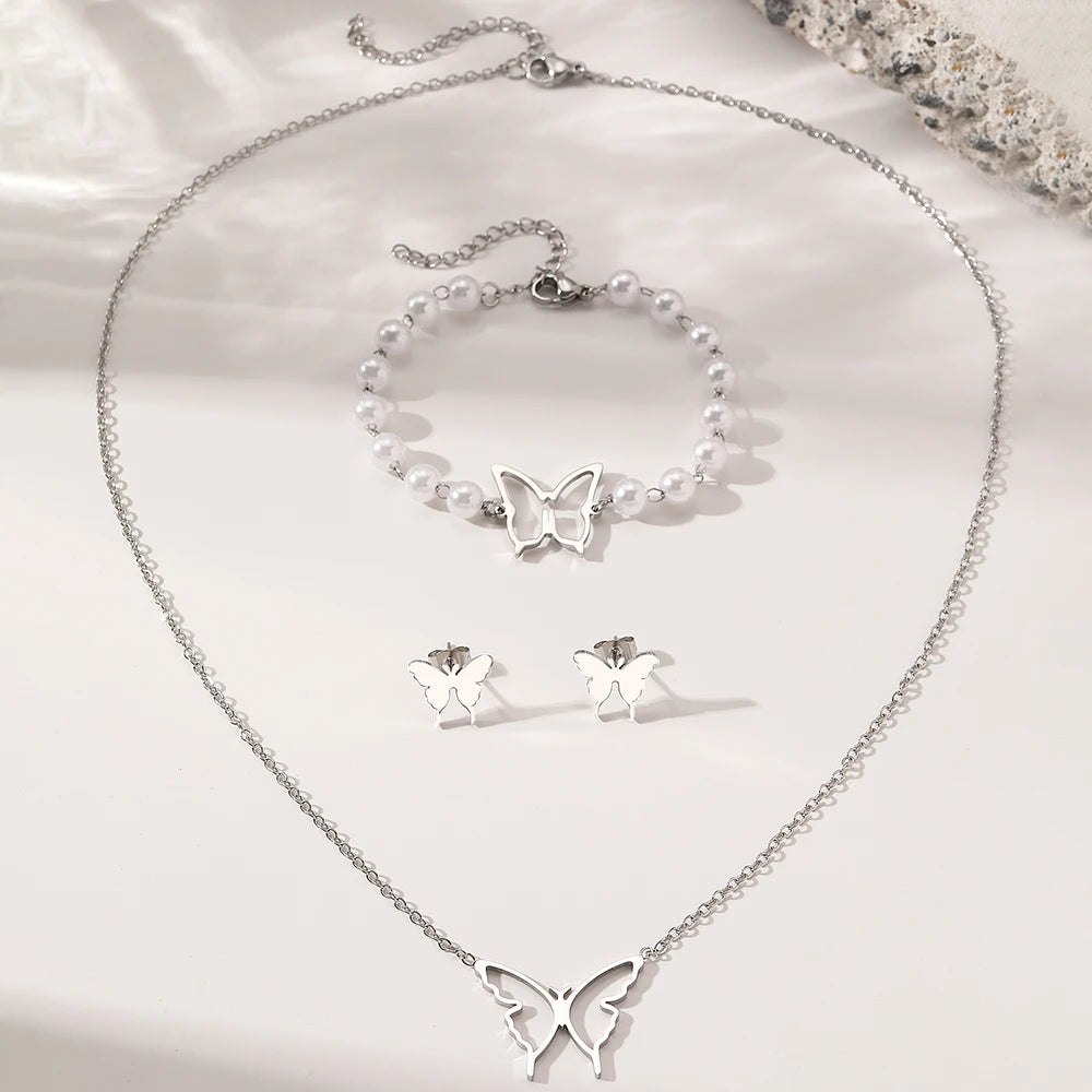 Conjunto Collar, Aretes y Pulsera de Mariposa en Acero Inoxidable 316L