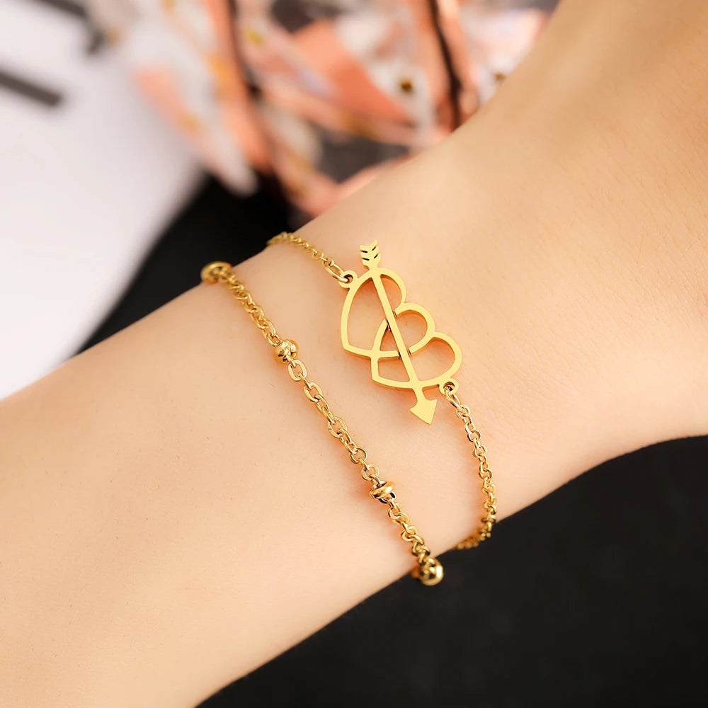 Pulsera Doble Cadena Corazón Flechado en Acero Inoxidable 316L