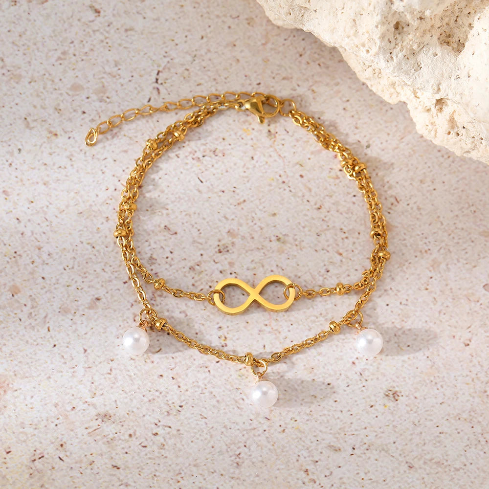 Pulsera Doble Cadena Infinito y Perlas en Acero Inoxidable 316L
