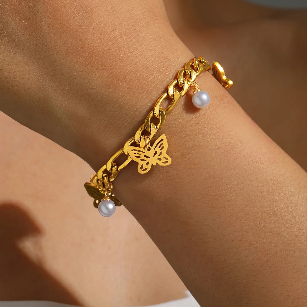 Pulsera de Eslabones con Mariposas en Acero Inoxidable 316L