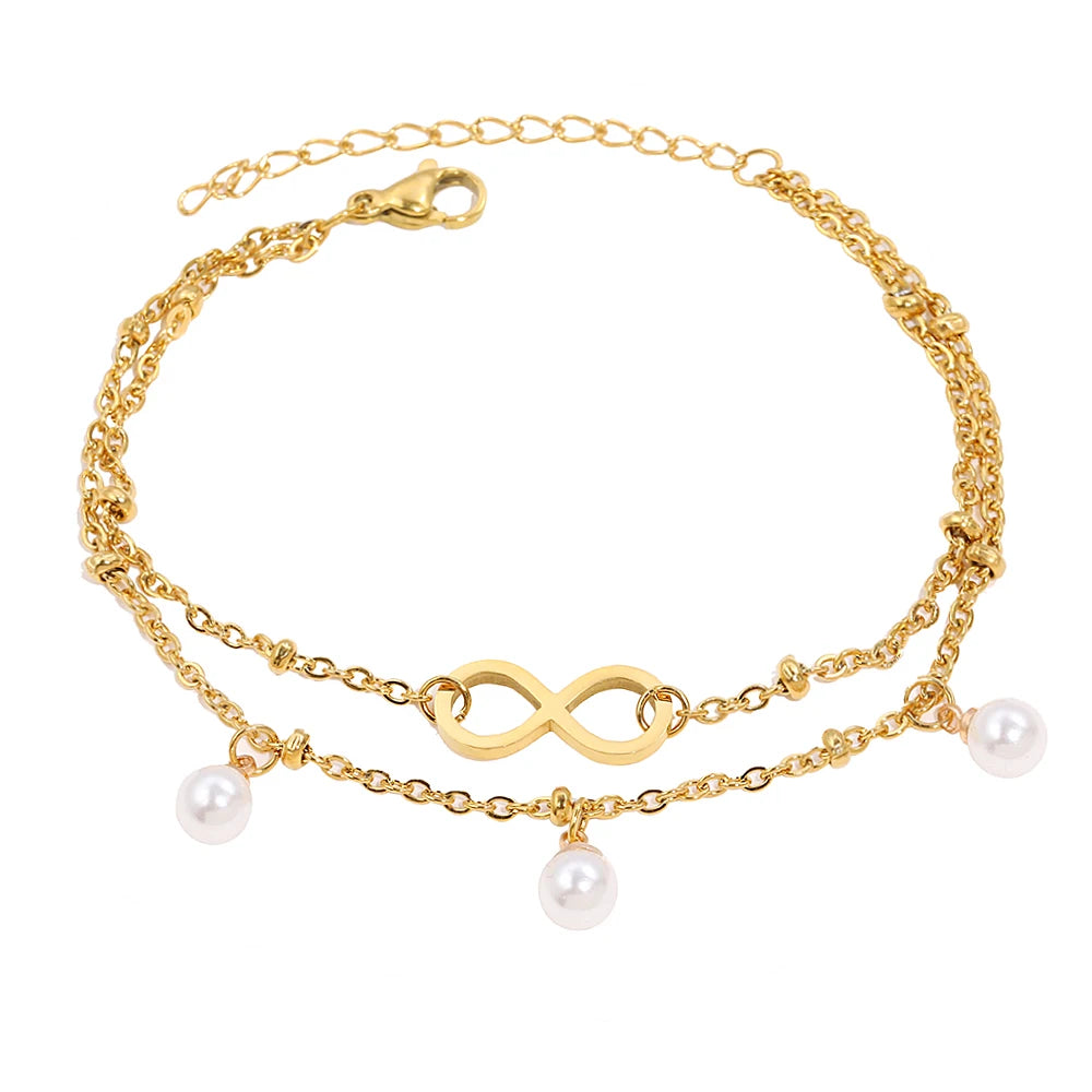 Pulsera Doble Cadena Infinito y Perlas en Acero Inoxidable 316L
