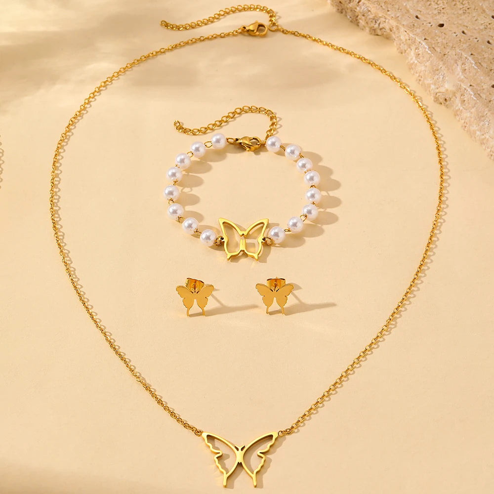 Conjunto Collar, Aretes y Pulsera de Mariposa en Acero Inoxidable 316L