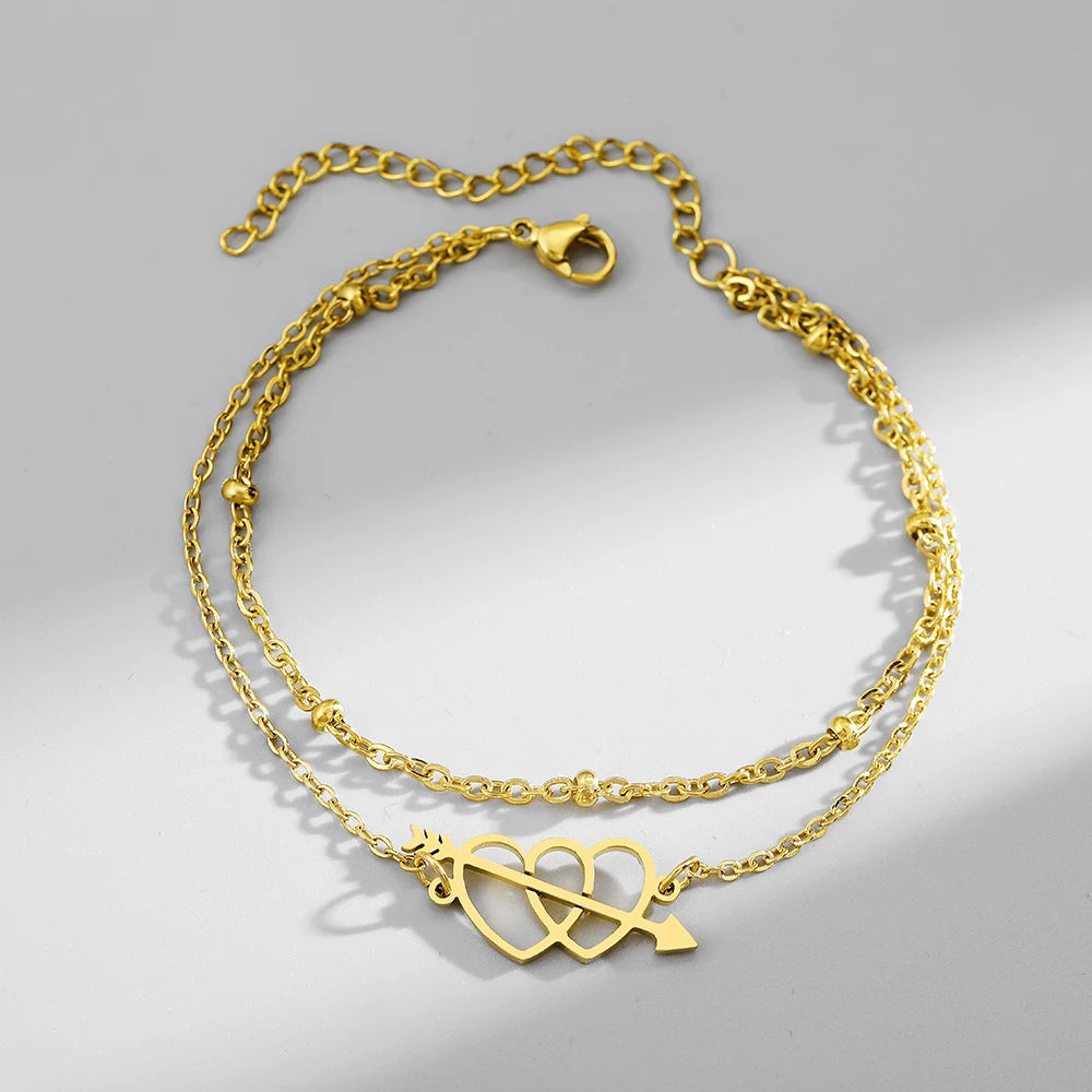 Pulsera Doble Cadena Corazón Flechado en Acero Inoxidable 316L