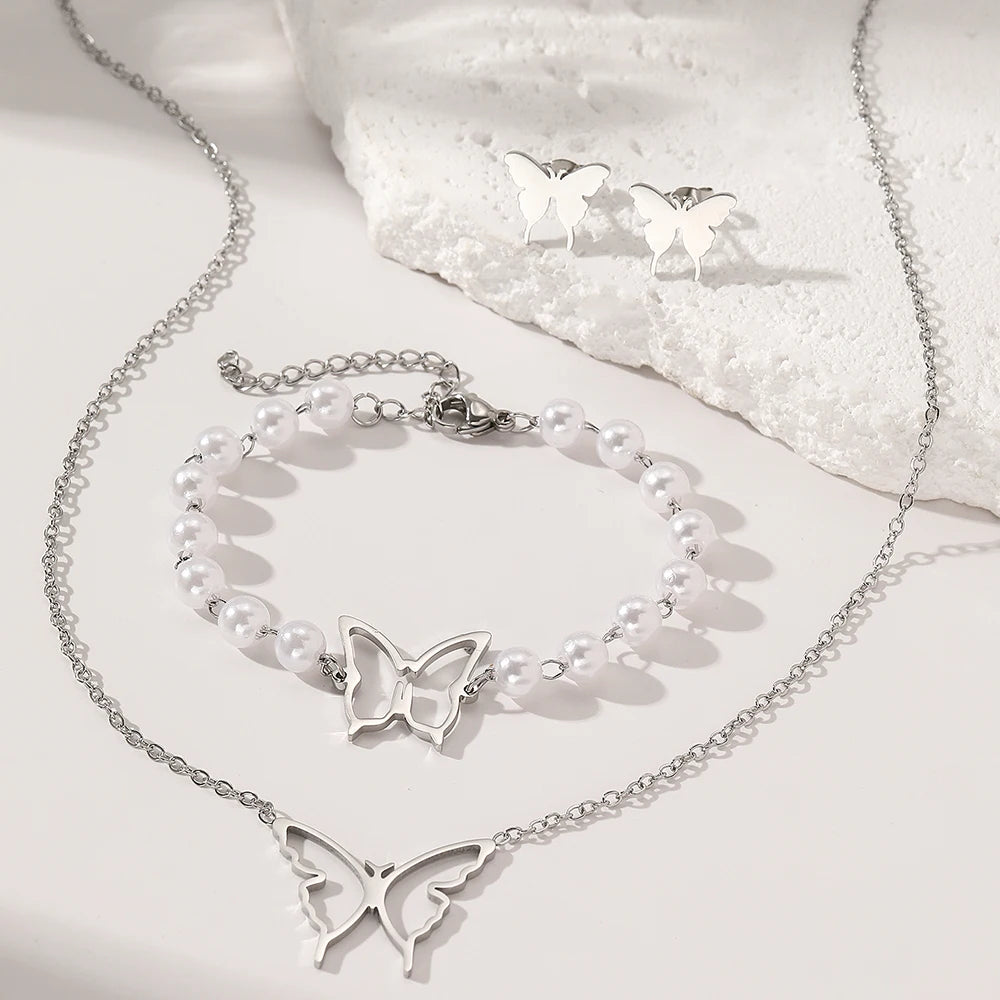 Conjunto Collar, Aretes y Pulsera de Mariposa en Acero Inoxidable 316L