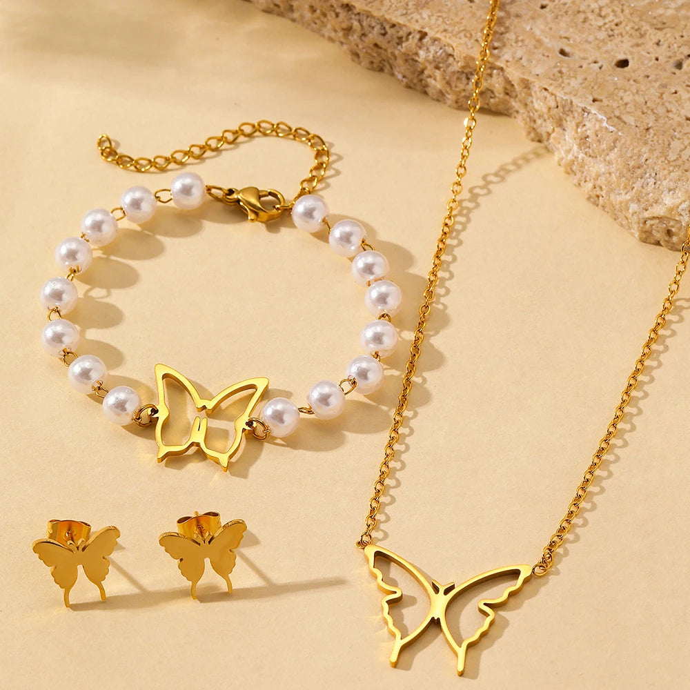 Conjunto Collar, Aretes y Pulsera de Mariposa en Acero Inoxidable 316L