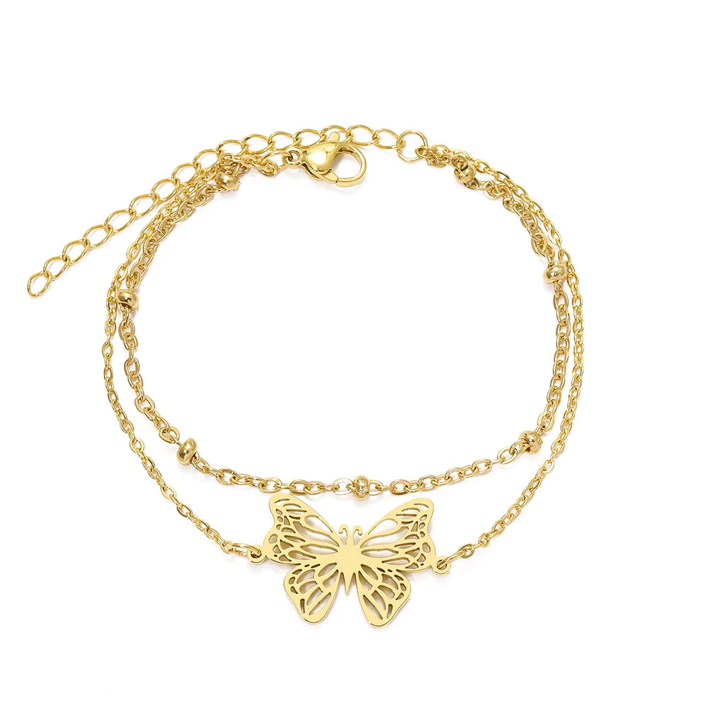 Pulsera de Doble Cadena con Mariposa en Acero Inoxidable 316L