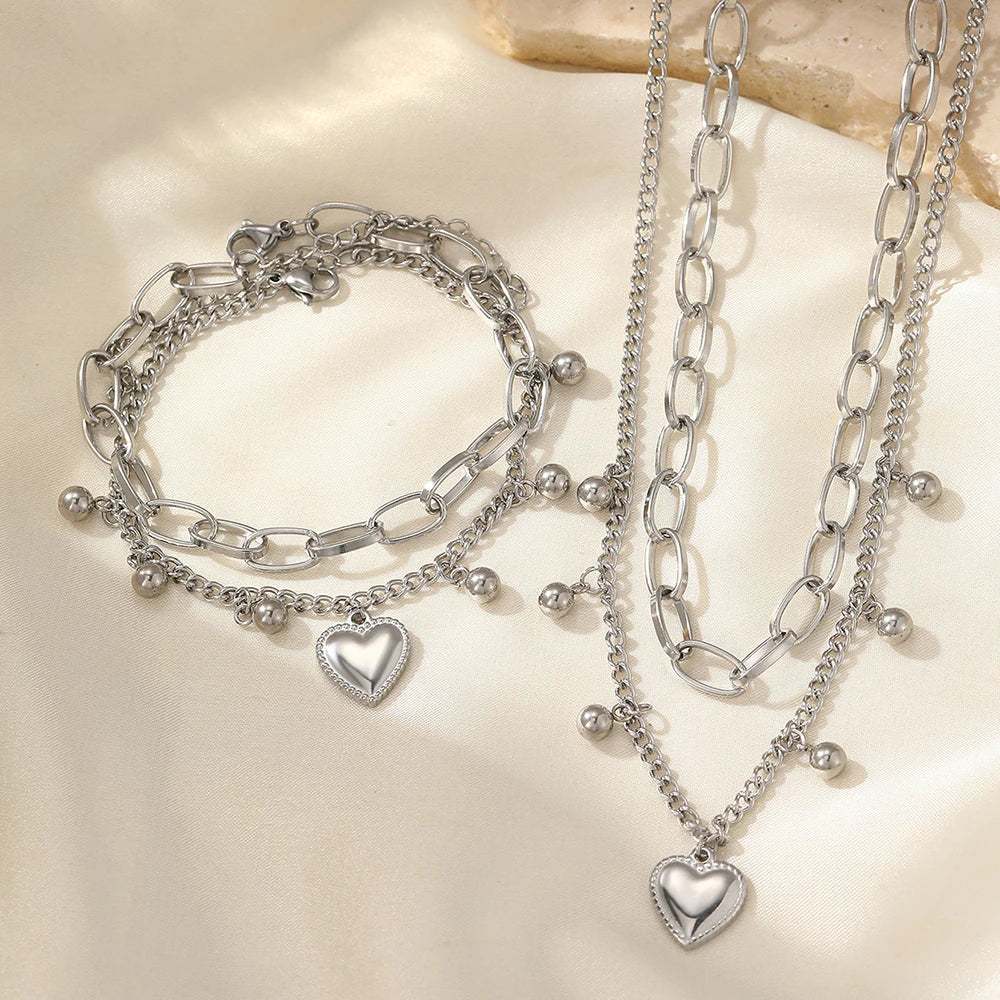 Conjunto Collar y Pulsera Dobles en Acero Inoxidable 316L