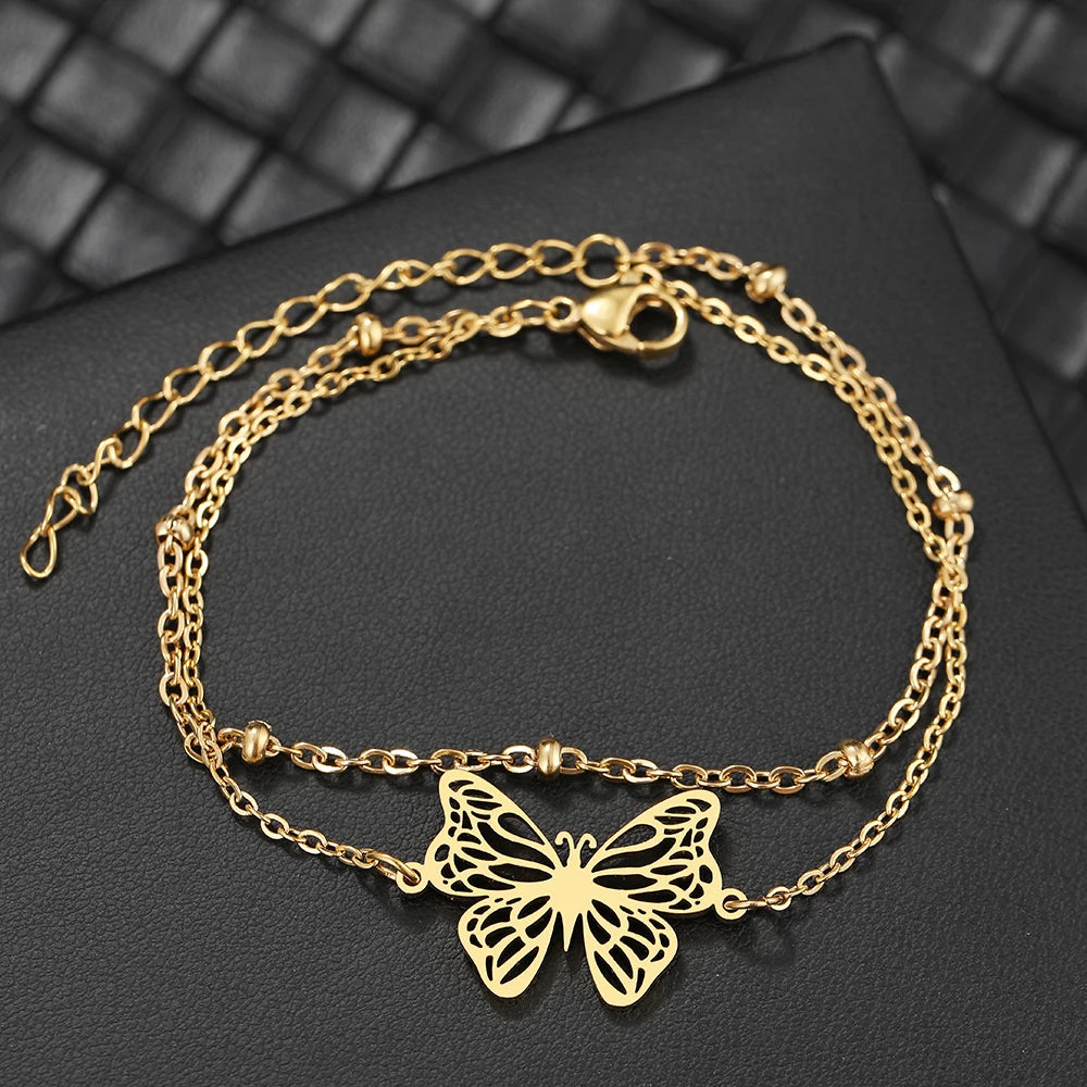 Pulsera de Doble Cadena con Mariposa en Acero Inoxidable 316L